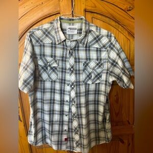 EUC - Mountain Khakis button up shirt (snap) — olive/ brown plaid — size L